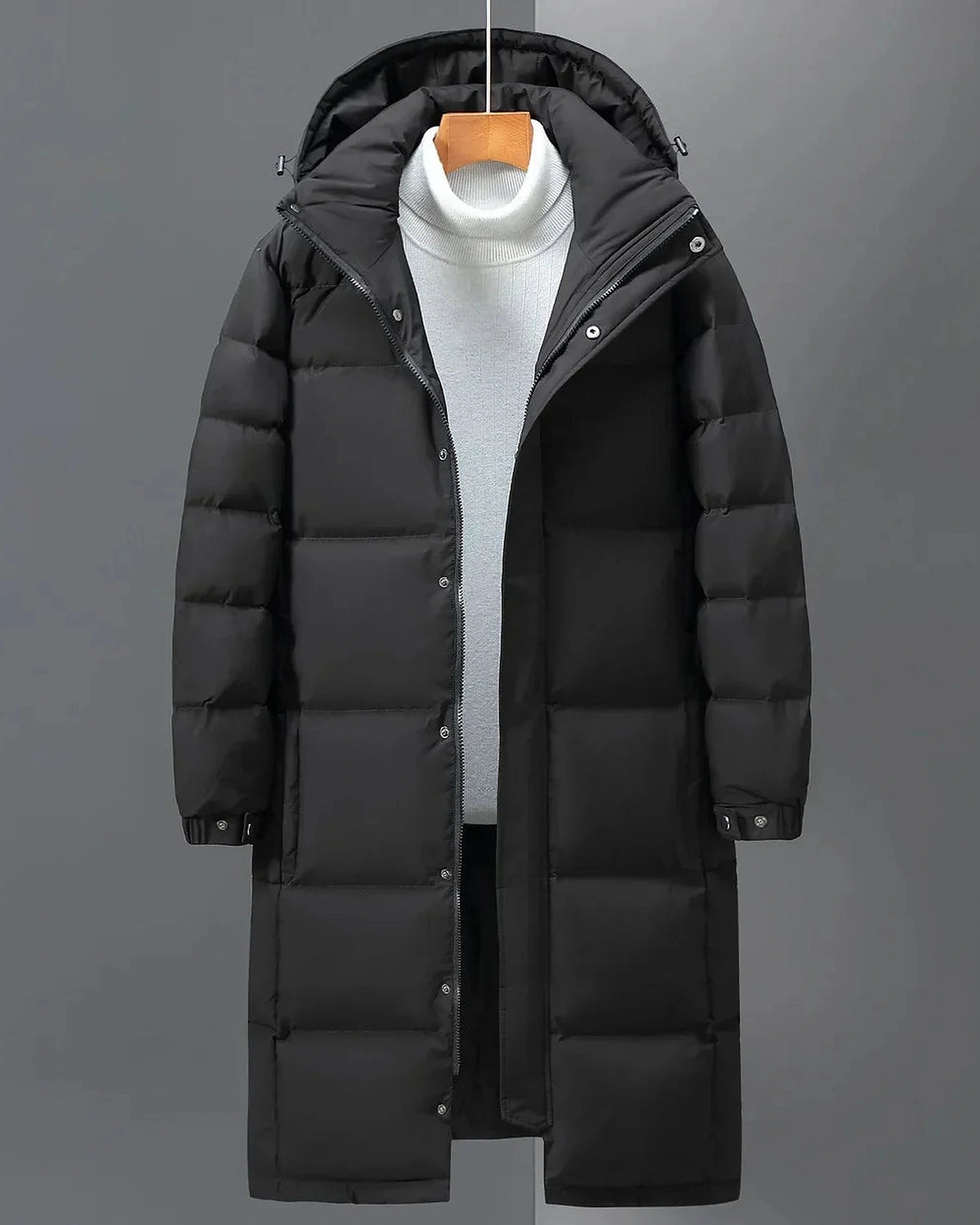 Men's Long Hooded Puffer Coat with Full-Length Zip – Evie Rose