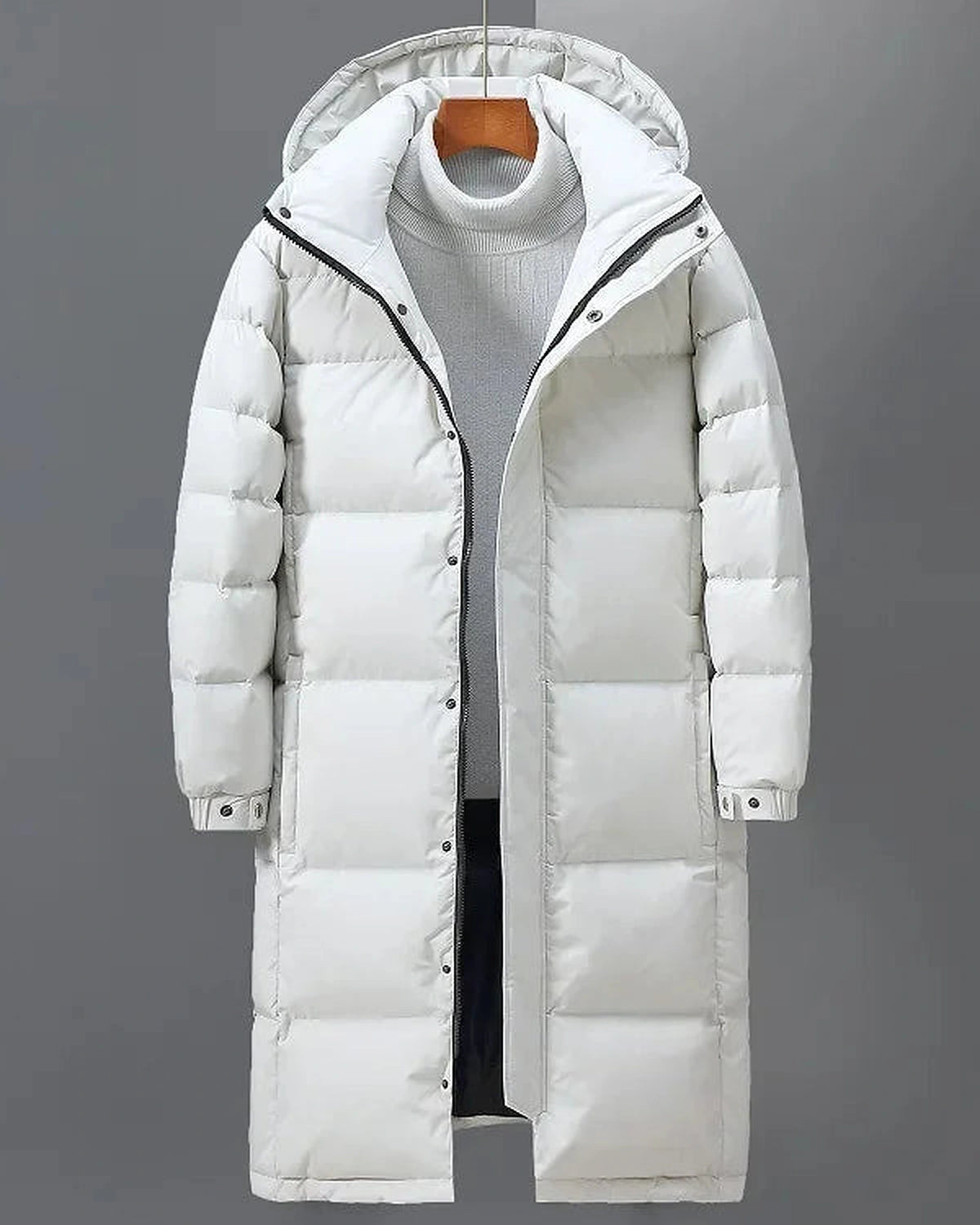 Men's Long Hooded Puffer Coat with Full-Length Zip – Evie Rose
