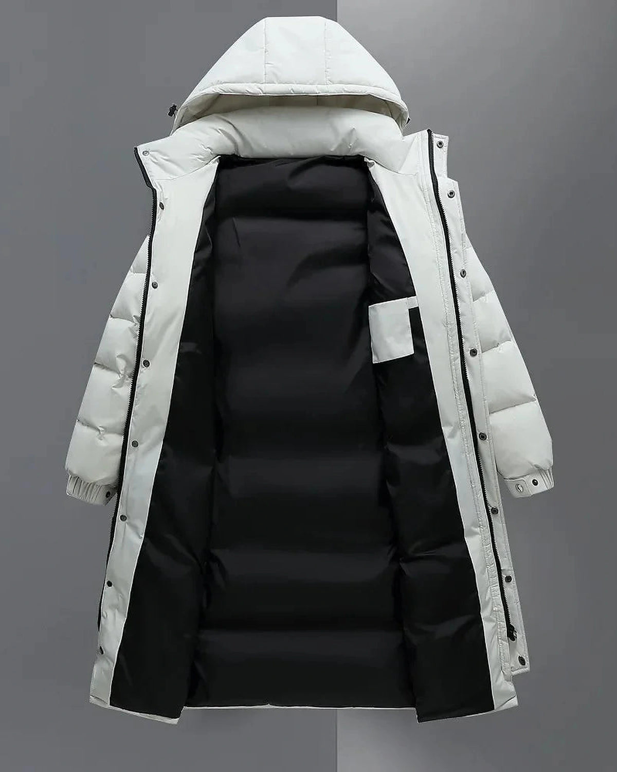 Men's Long Hooded Puffer Coat with Full-Length Zip – Evie Rose