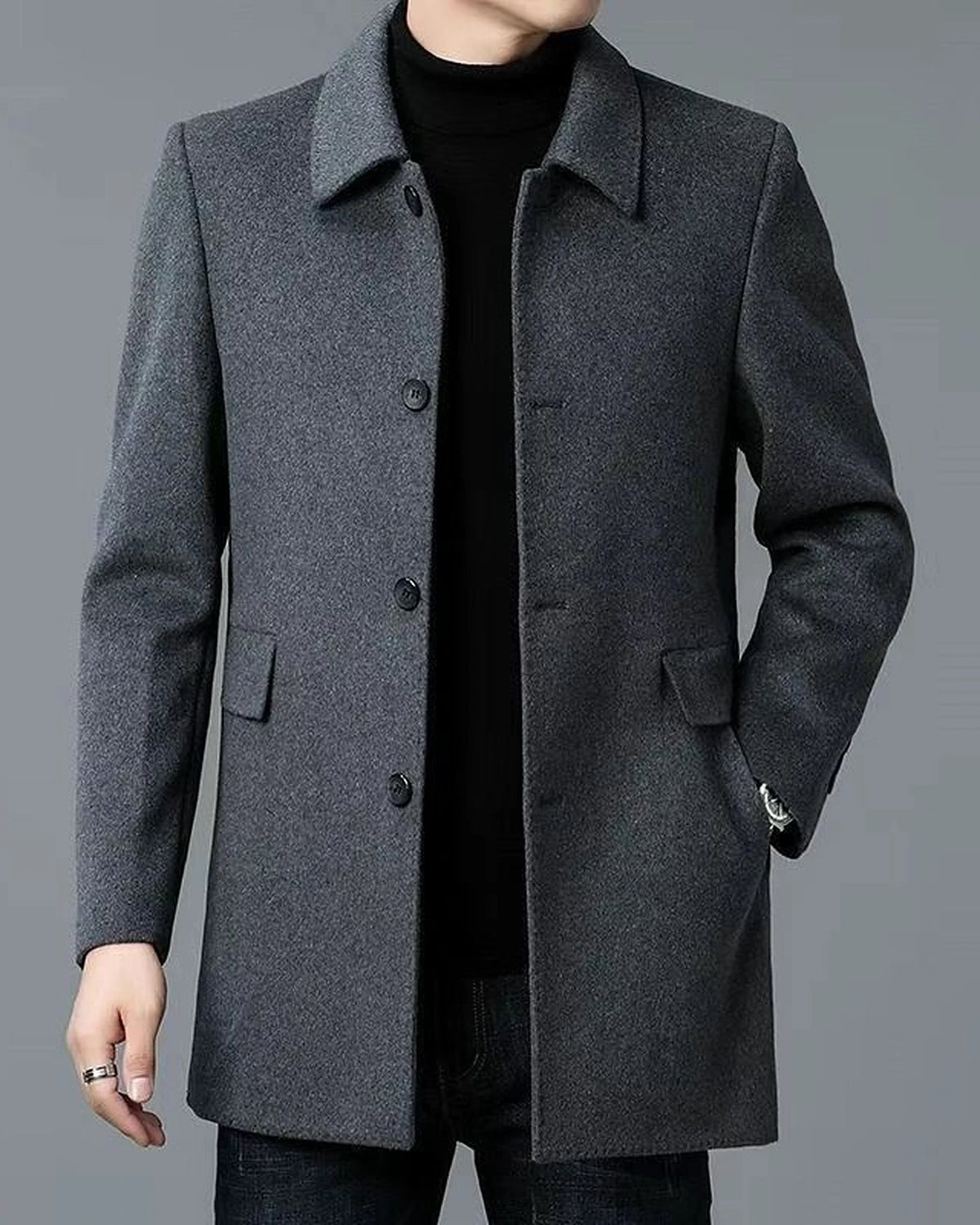 Men's Notch Collar Wool-Blend Overcoat with Flap Pockets, Tailored Fit – Faye Jane