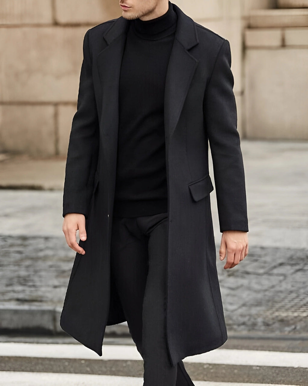 Men's Notch Lapel Single-Breasted Wool-Blend Overcoat with Flap Pockets – Evie Lou