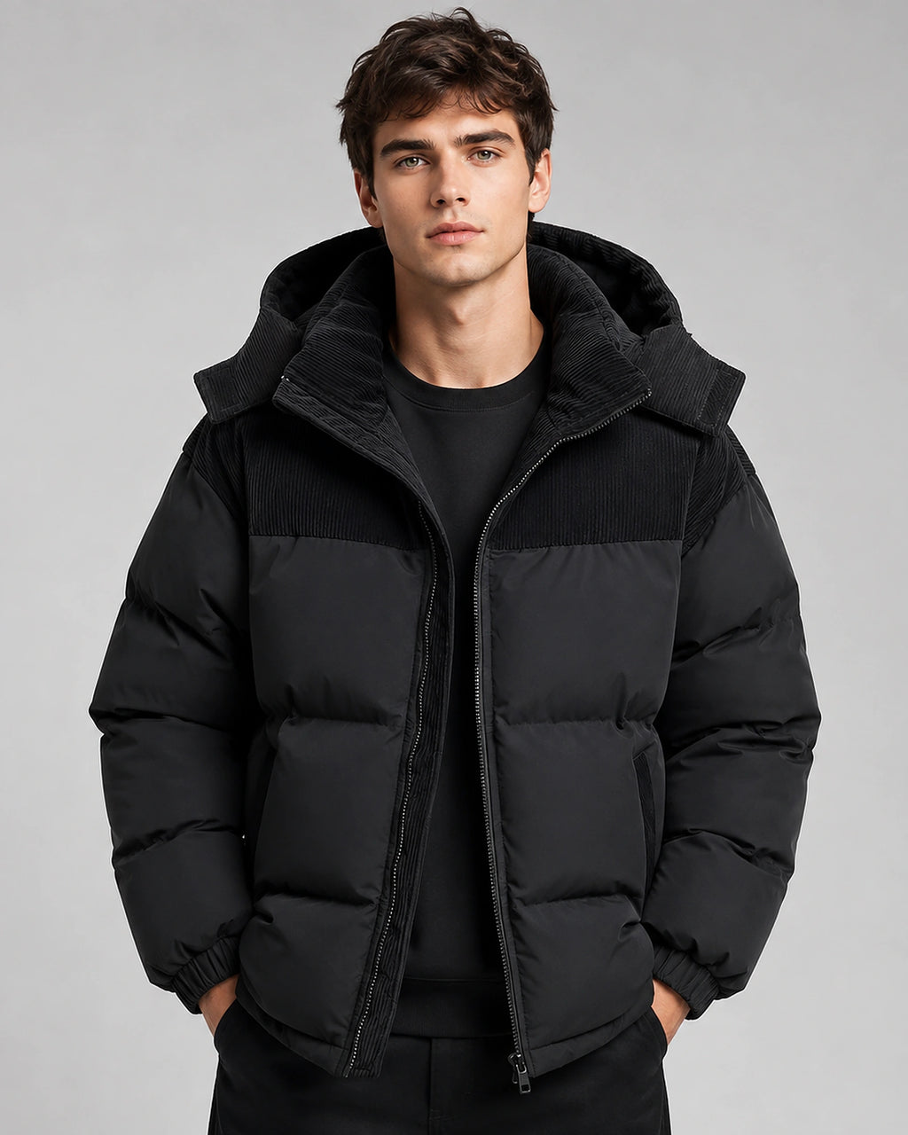 Men's Oversized Hooded Puffer Jacket with Corduroy Yoke Panel – Isaac
