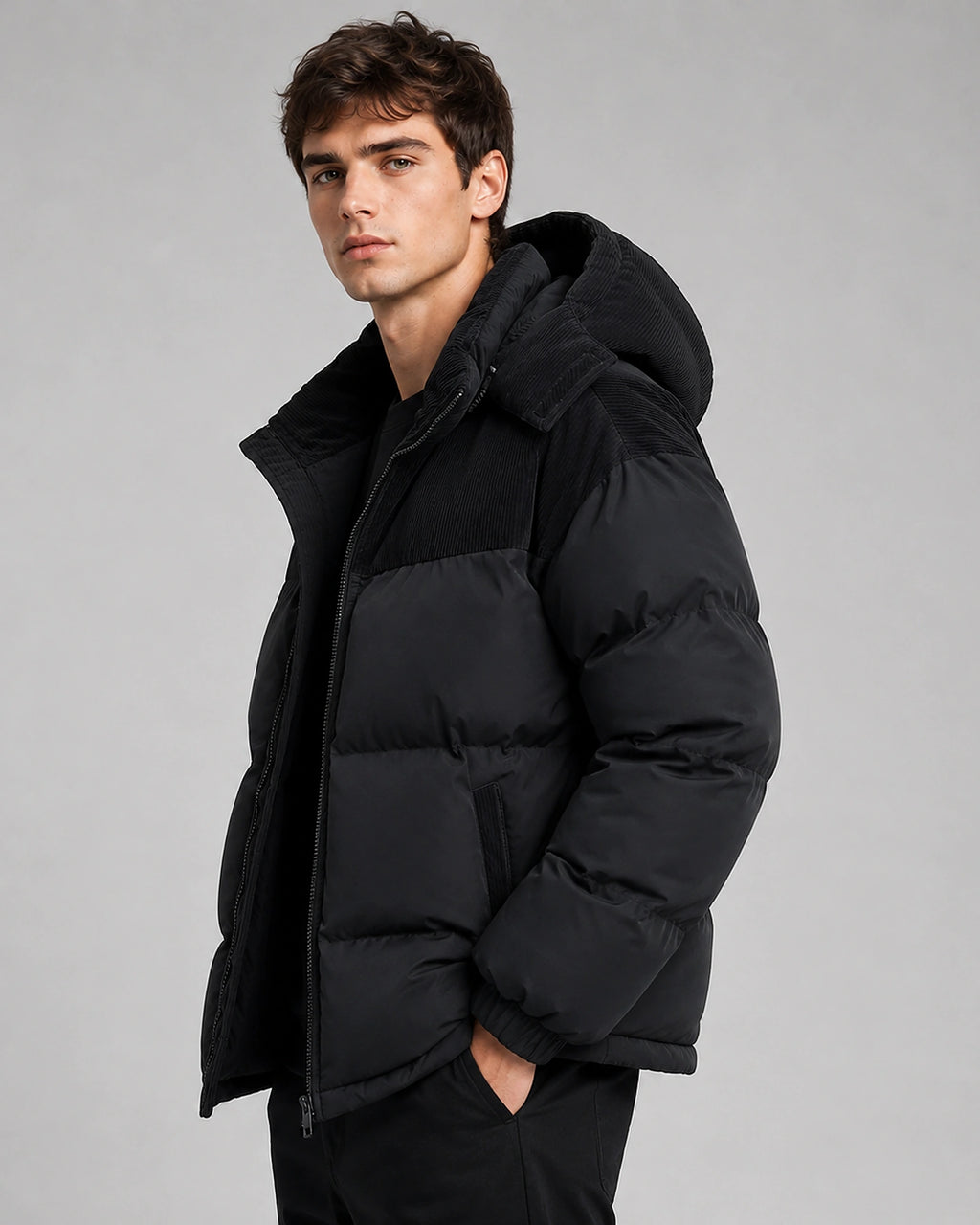 Men's Oversized Hooded Puffer Jacket with Corduroy Yoke Panel – Isaac