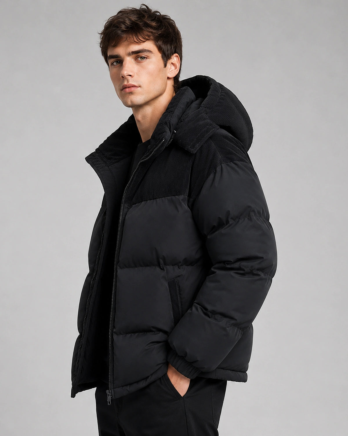 Men's Oversized Hooded Puffer Jacket with Corduroy Yoke Panel – Isaac