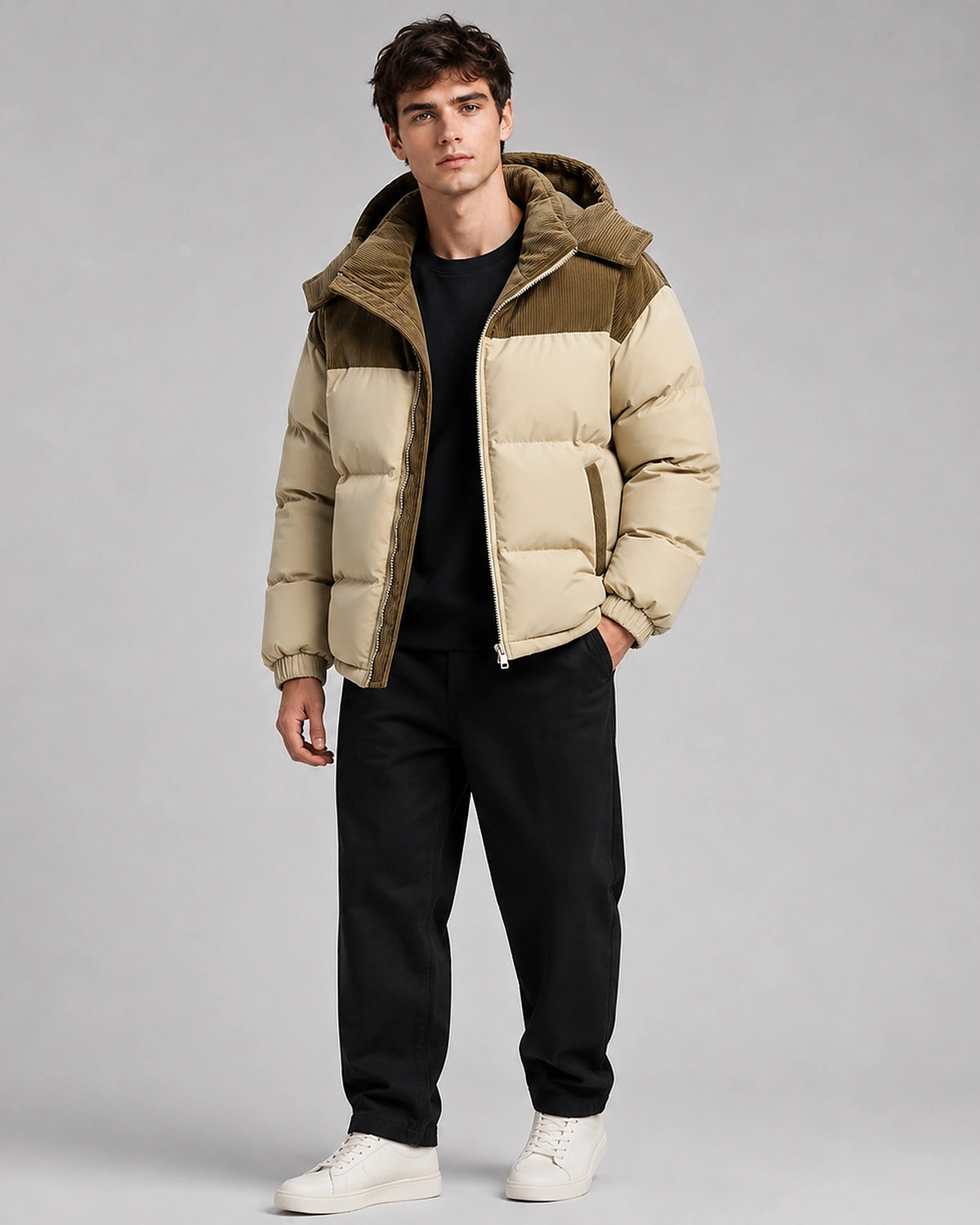 Men's Oversized Hooded Puffer Jacket with Corduroy Yoke Panel – Isaac