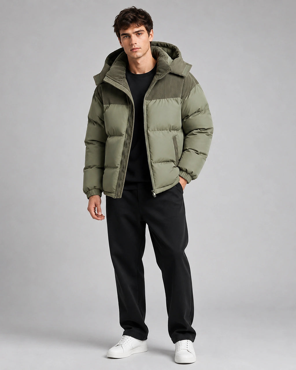 Men's Oversized Hooded Puffer Jacket with Corduroy Yoke Panel – Isaac