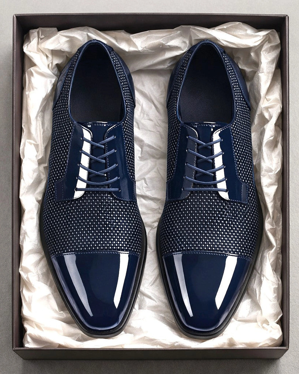 Men's Patent Cap Toe Derby Shoes with Woven Panel Detailing – Presley