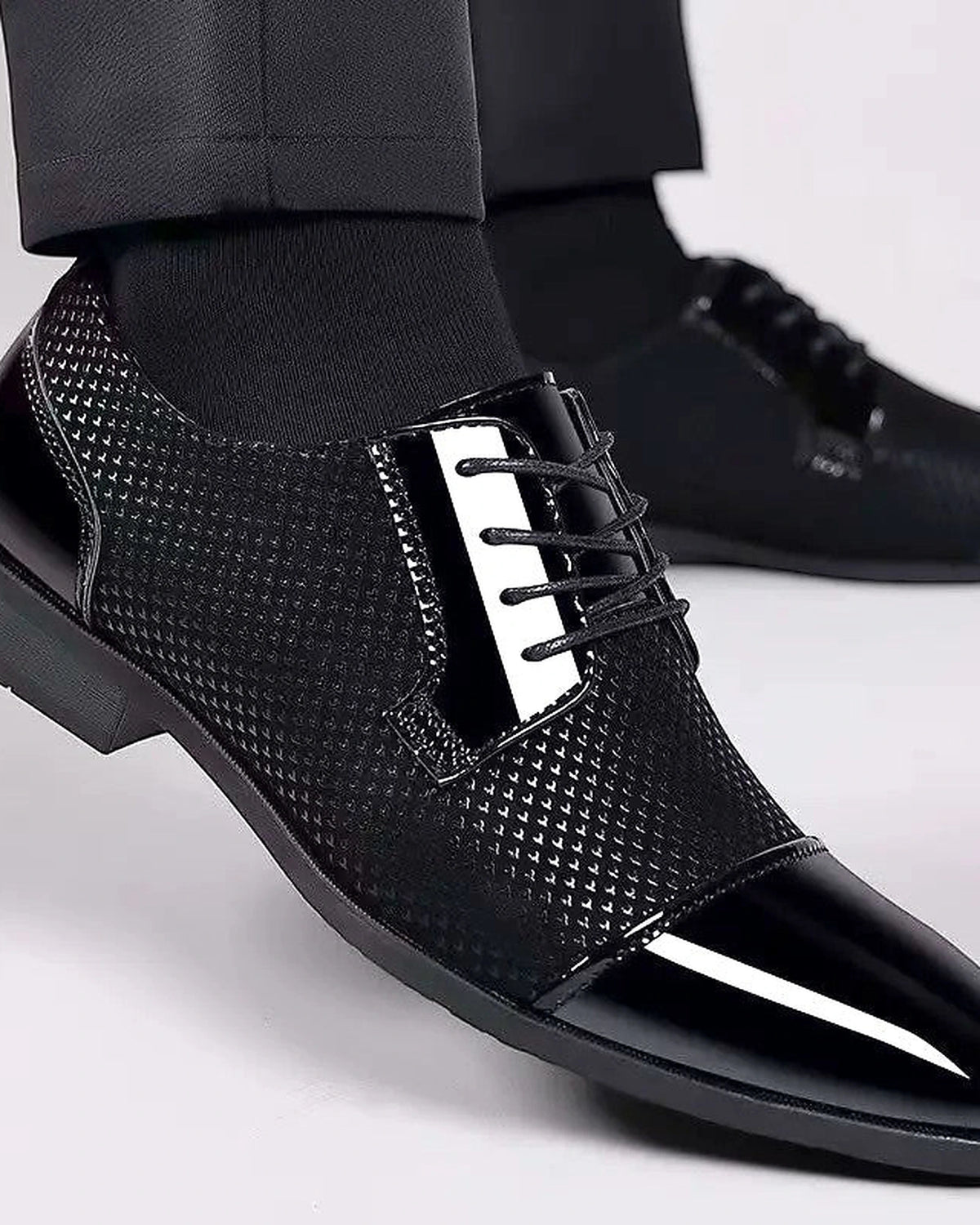Men's Patent Cap Toe Derby Shoes with Woven Panel Detailing – Presley
