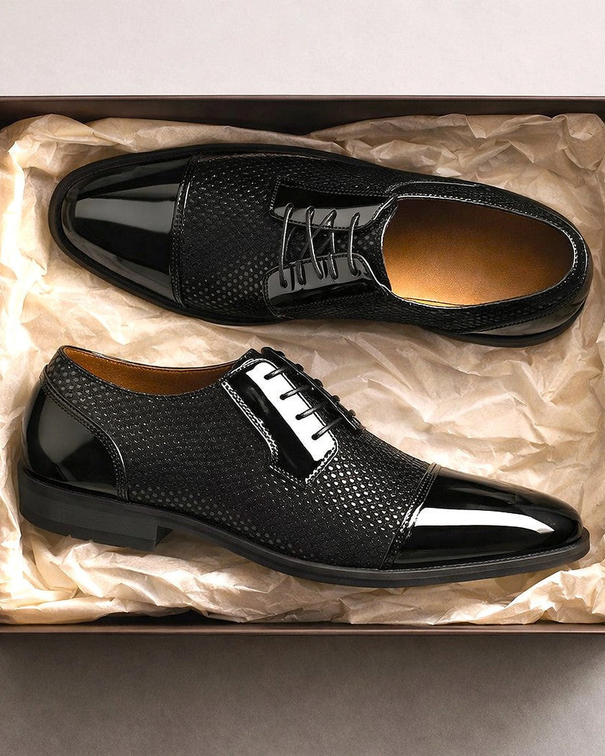 Men's Patent Cap Toe Derby Shoes with Woven Panel Detailing – Presley