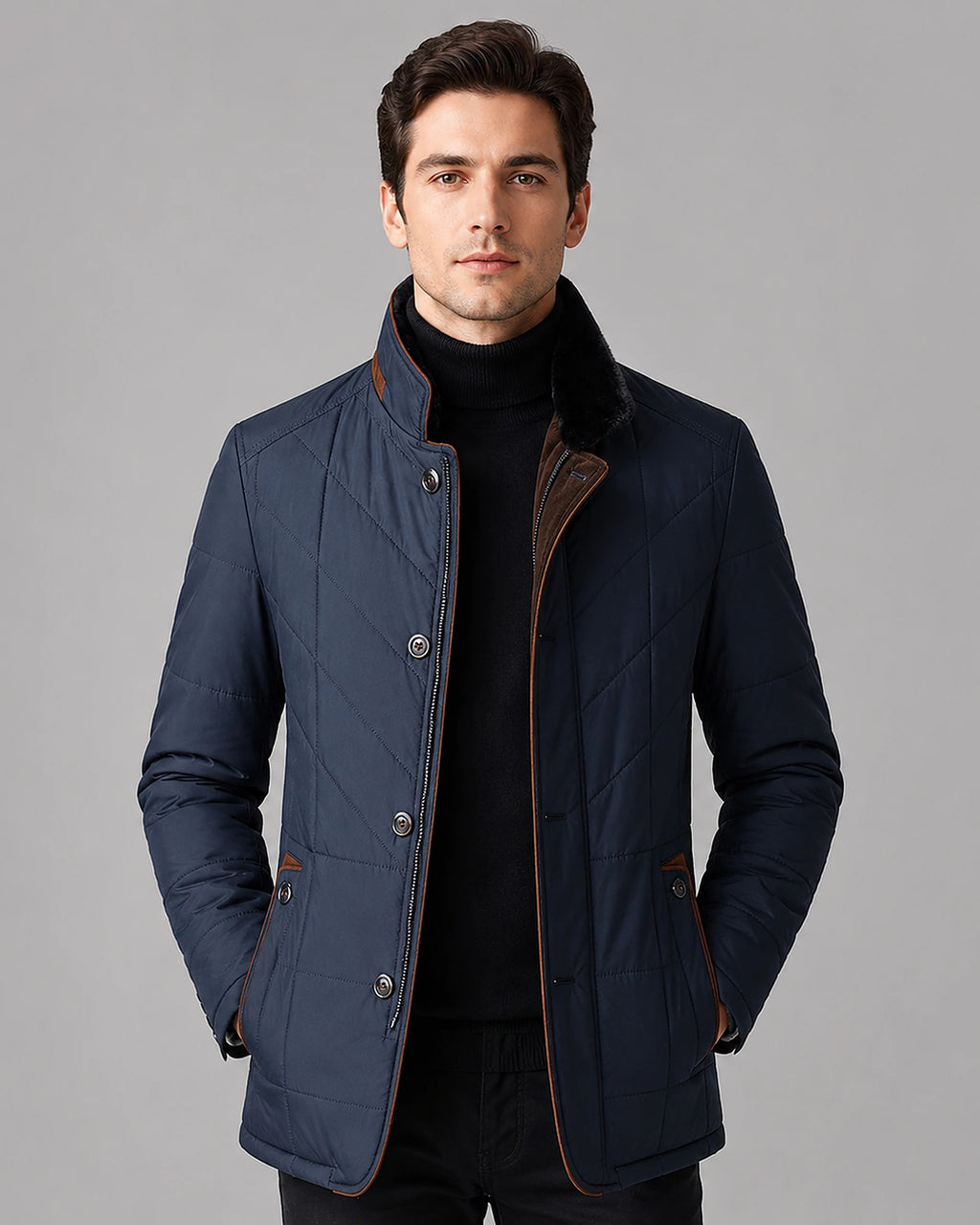 Men's Quilted Jacket with Faux Fur Stand Collar and Contrast Trim – Grayson