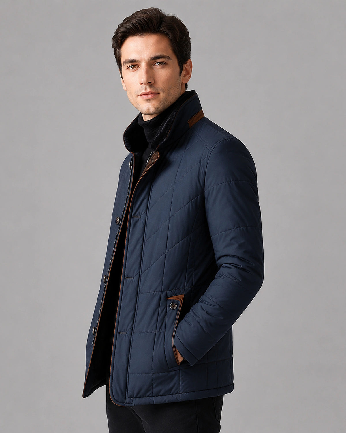 Men's Quilted Jacket with Faux Fur Stand Collar and Contrast Trim – Grayson