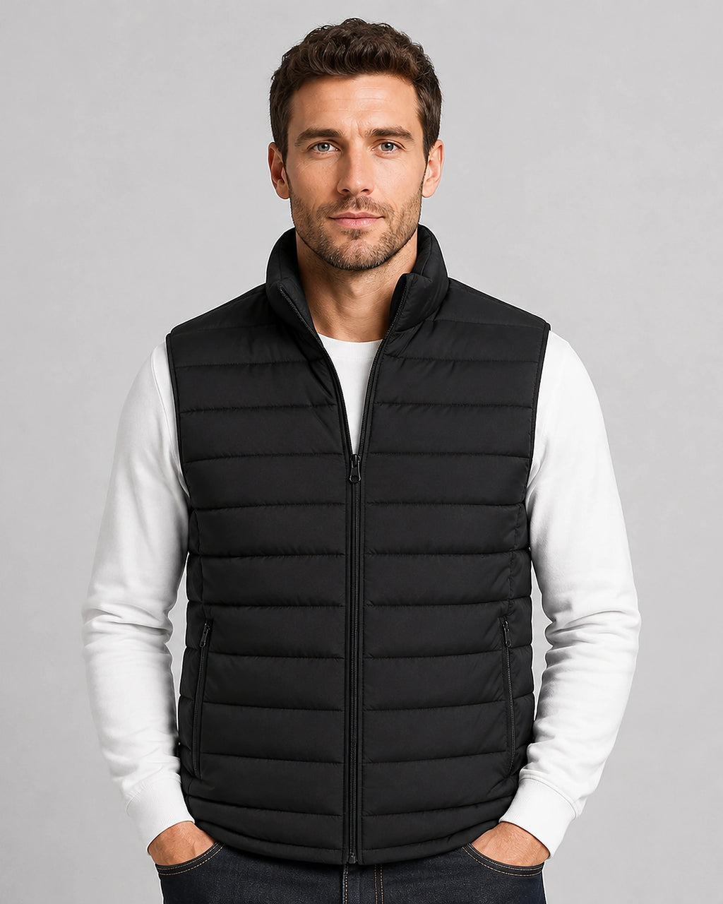 Men's Quilted Stand Collar Zip-Up Gilet with Side Pockets – Wesley