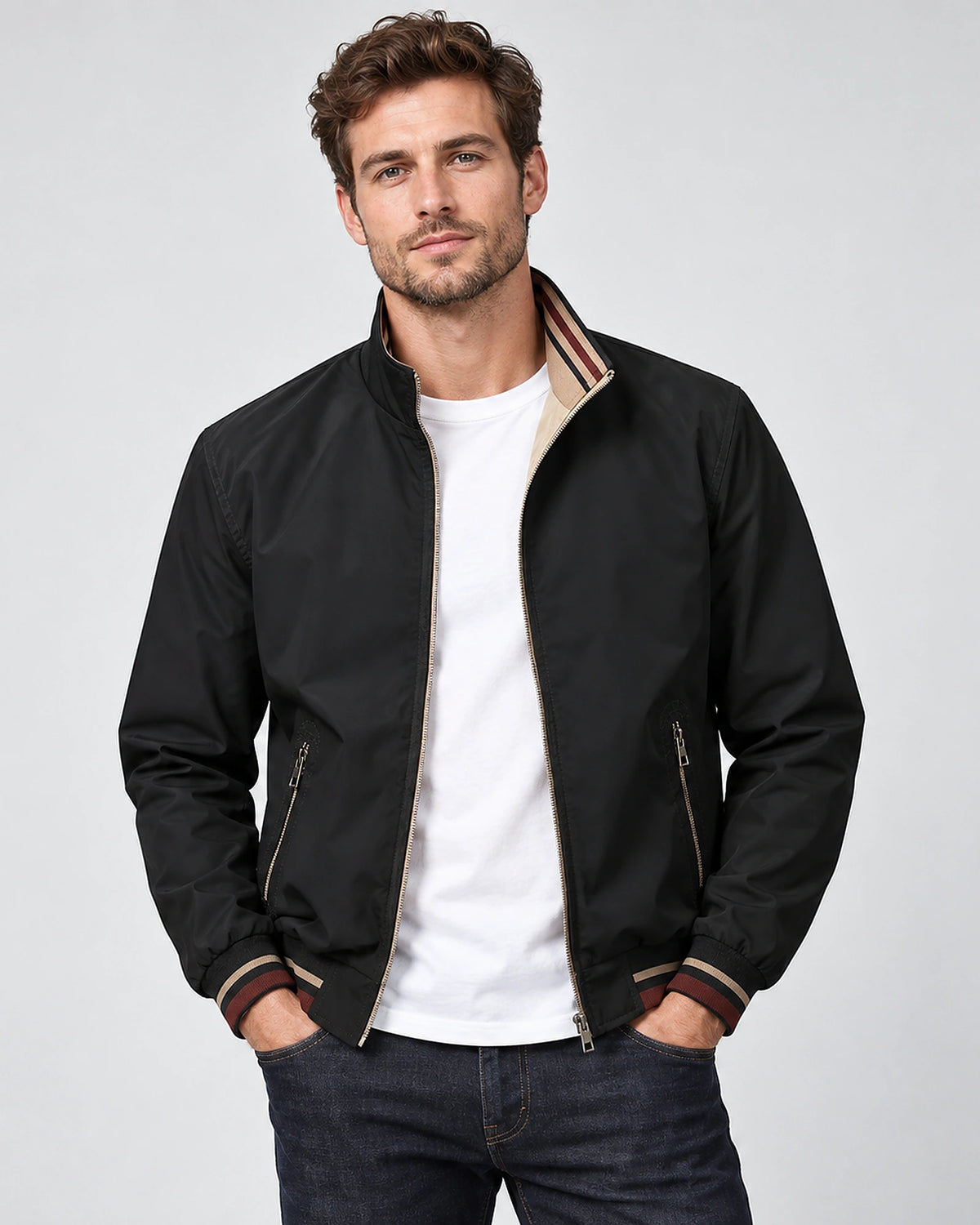 Men's Reversible Zip-Up Bomber Jacket with Ribbed Collar and Contrast Lining – Max
