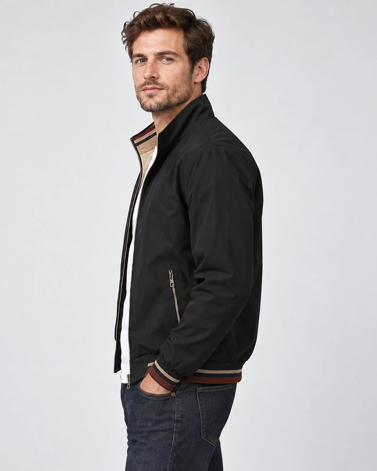 Men's Reversible Zip-Up Bomber Jacket with Ribbed Collar and Contrast Lining – Max