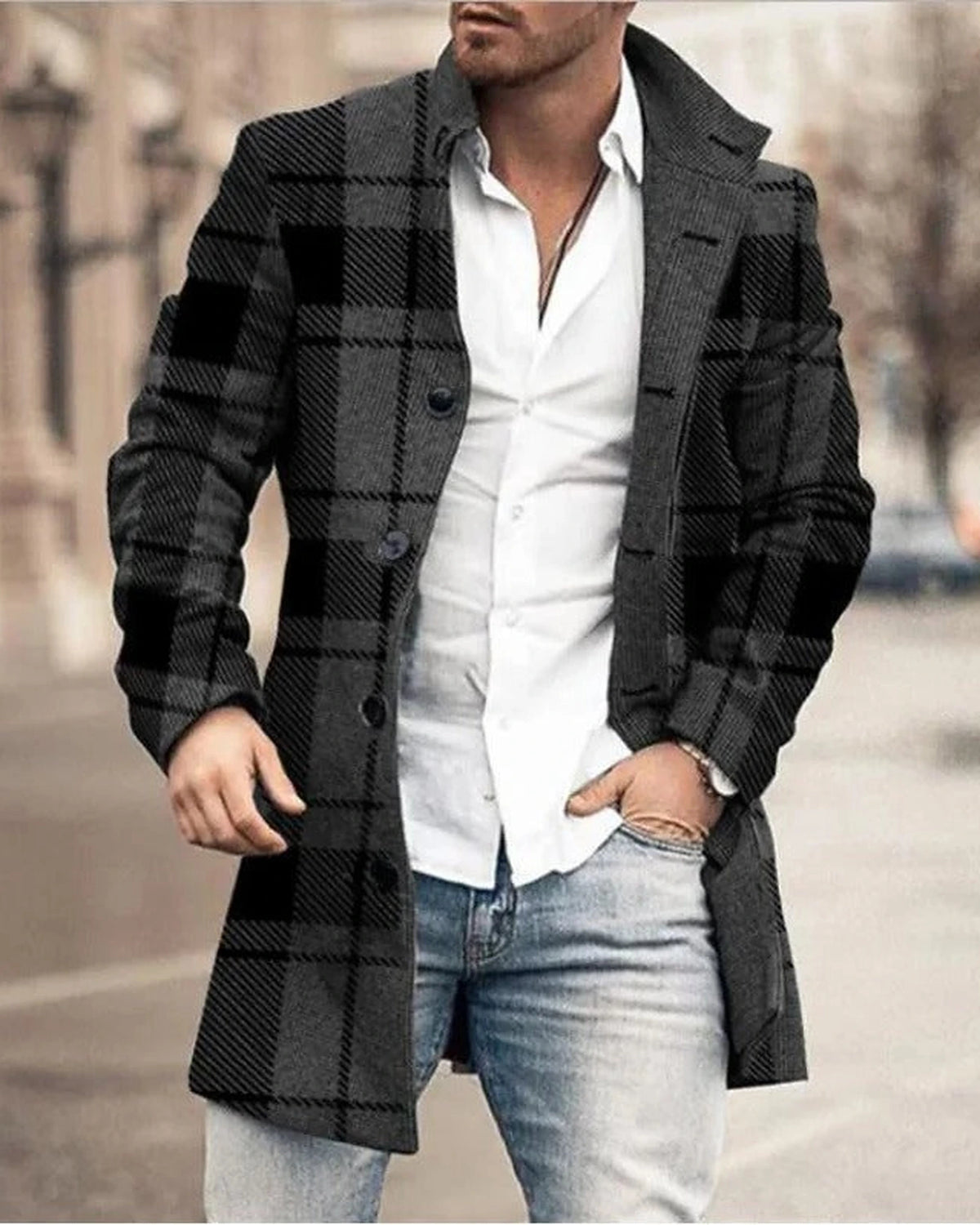 Men's Ribbed Notch Collar Longline Wool-Blend Overcoat with Button Front – Holly Mae