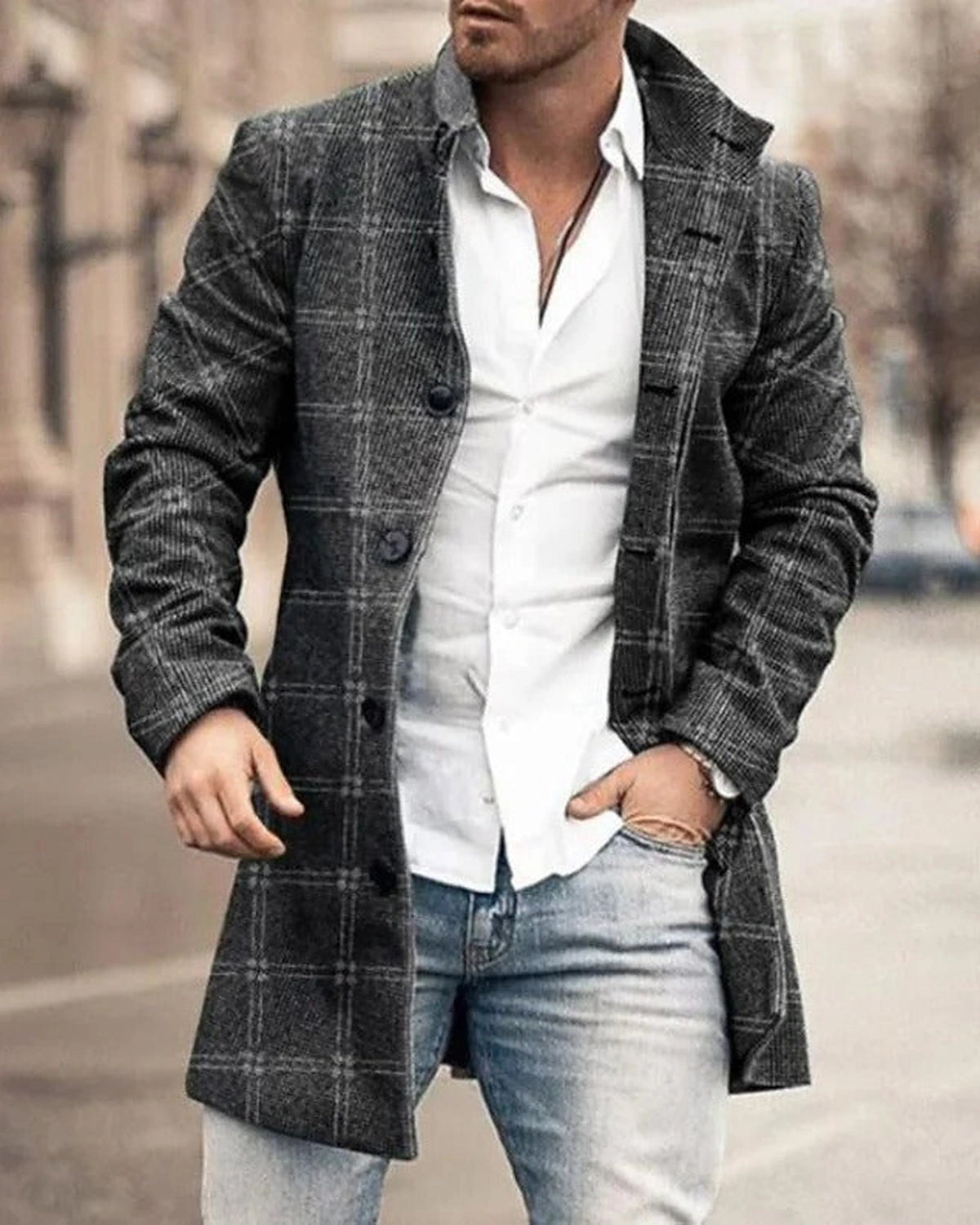 Men's Ribbed Notch Collar Longline Wool-Blend Overcoat with Button Front – Holly Mae