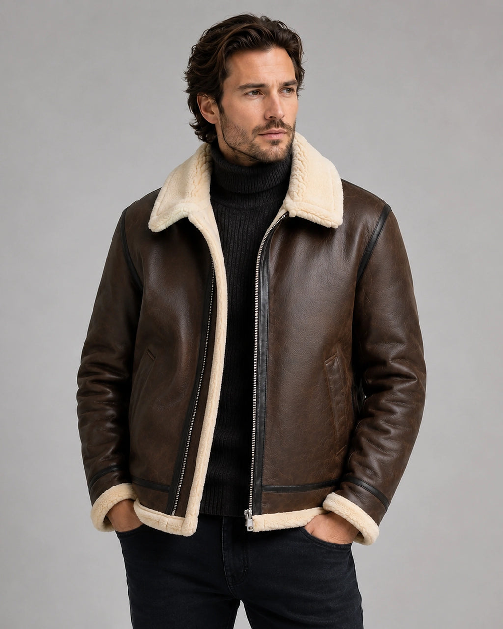 Men's Shearling Aviator Jacket with Leather-Look Finish and Zip Fastening – Cole
