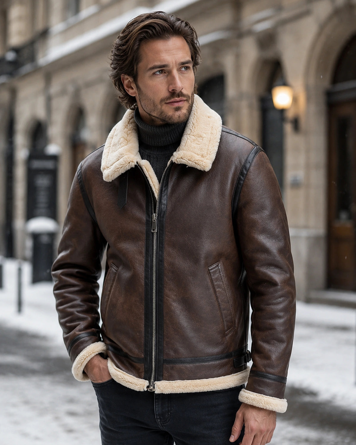 Men's Shearling Aviator Jacket with Leather-Look Finish and Zip Fastening – Cole