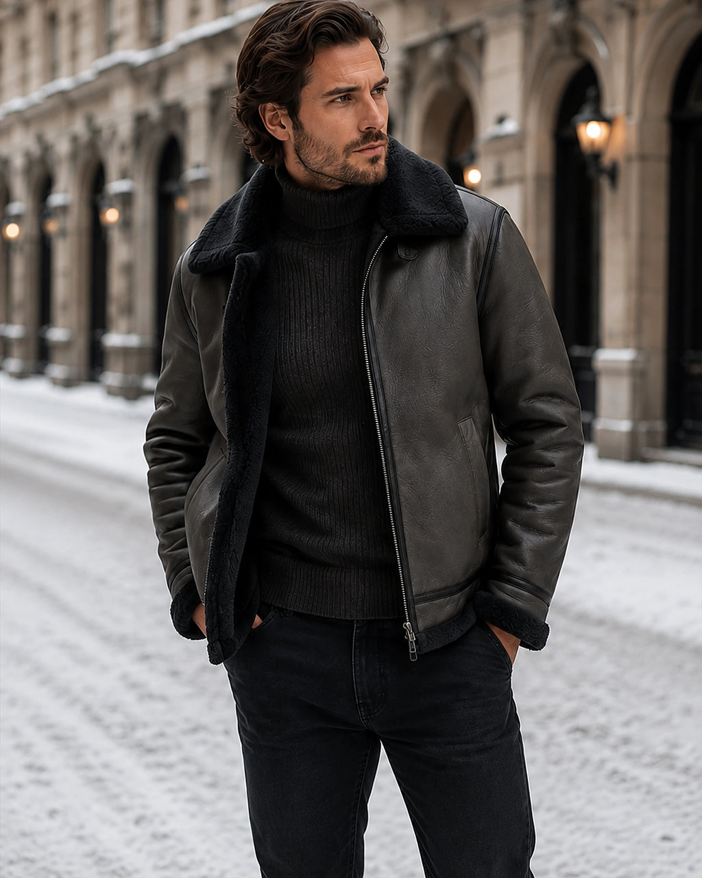 Men's Shearling Aviator Jacket with Leather-Look Finish and Zip Fastening – Cole