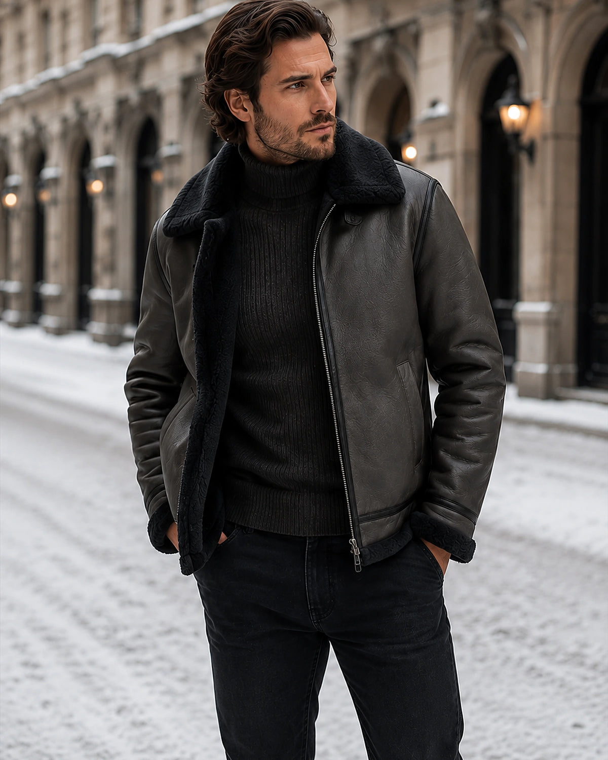 Men's Shearling Aviator Jacket with Leather-Look Finish and Zip Fastening – Cole