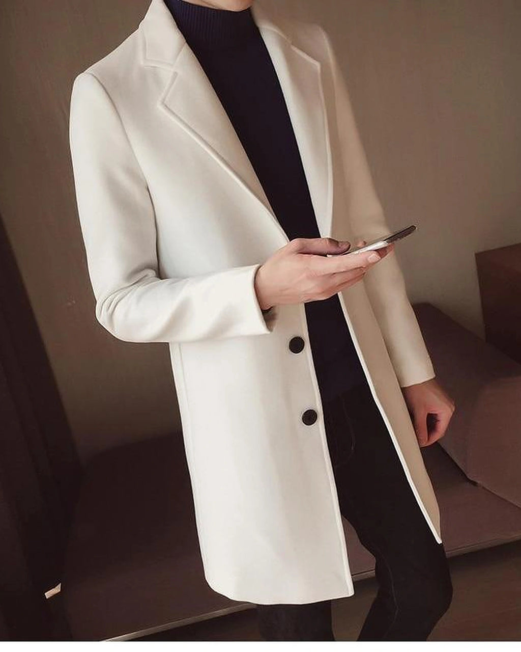 Men's Single-Breasted Wool-Blend Overcoat with Notch Lapel in Beige – Greta Grey