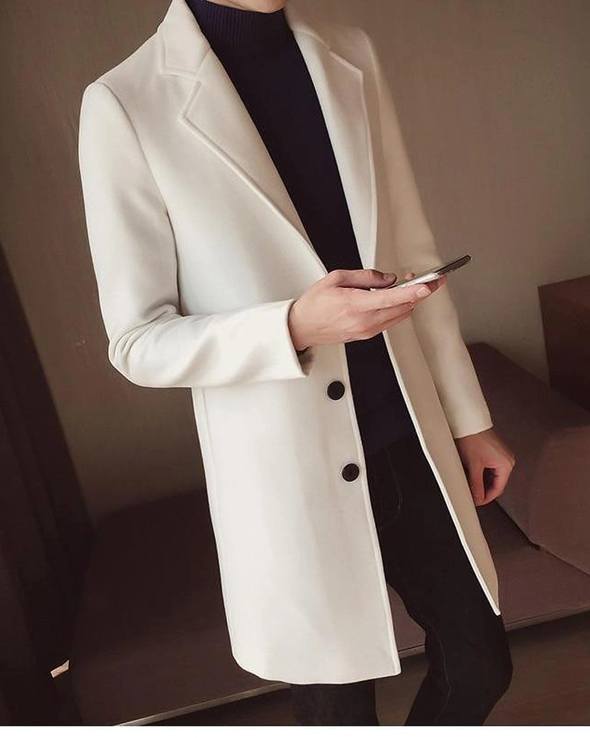 Men's Single-Breasted Wool-Blend Overcoat with Notch Lapel in Beige – Greta Grey