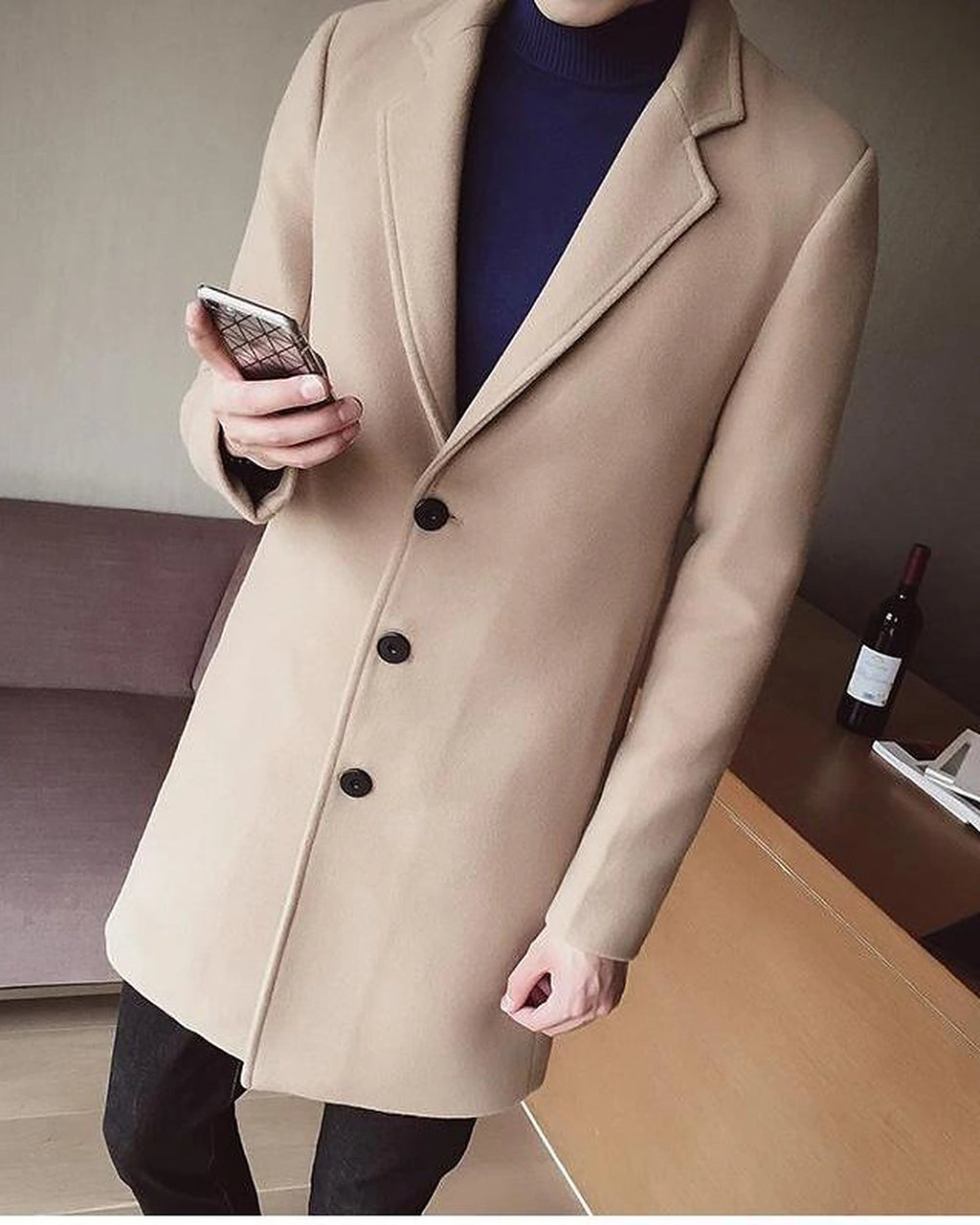 Men's Single-Breasted Wool-Blend Overcoat with Notch Lapel in Beige – Greta Grey