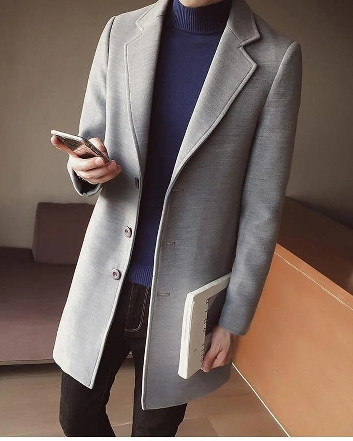 Men's Single-Breasted Wool-Blend Overcoat with Notch Lapel in Beige – Greta Grey