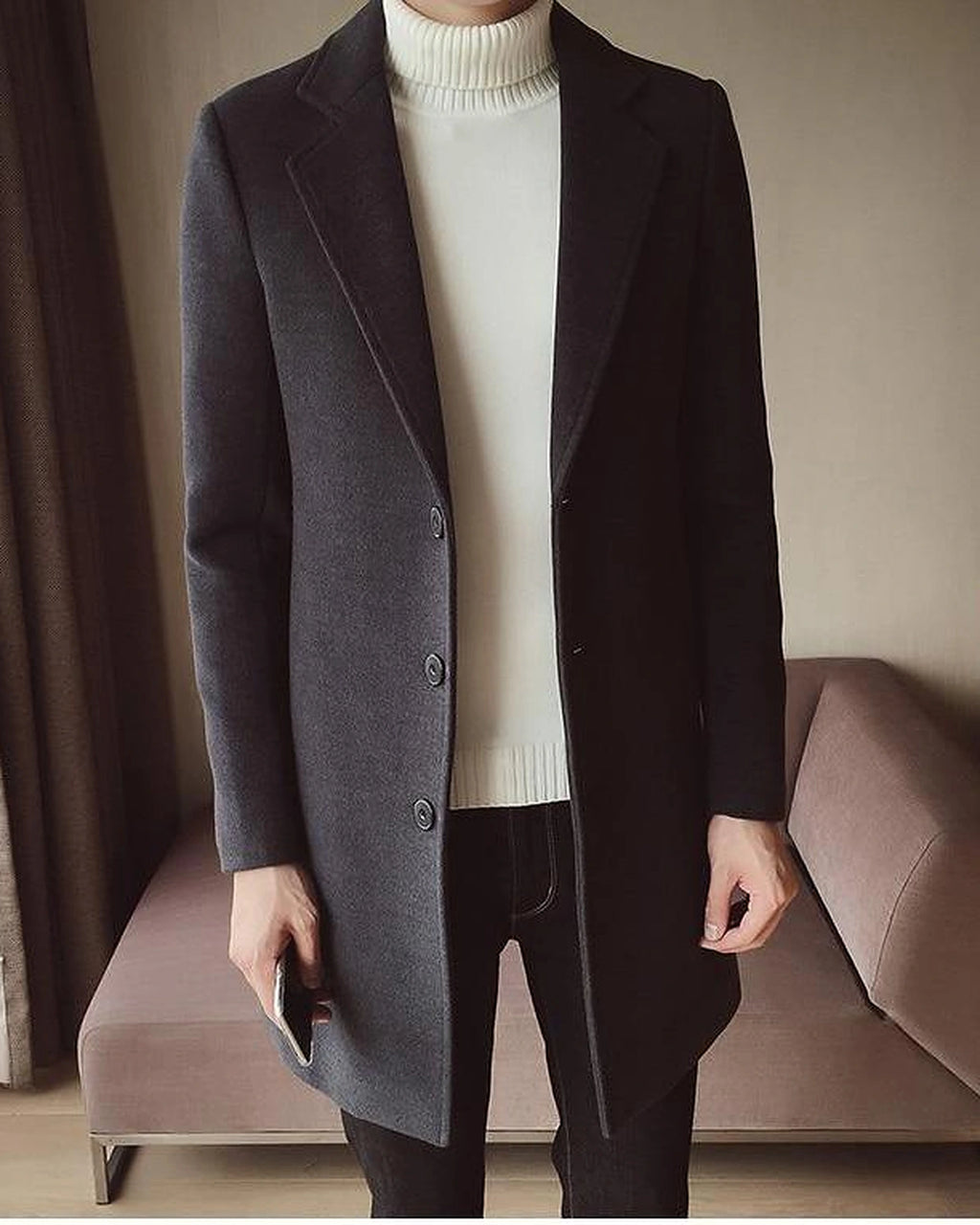Men's Single-Breasted Wool-Blend Overcoat with Notch Lapel in Beige – Greta Grey