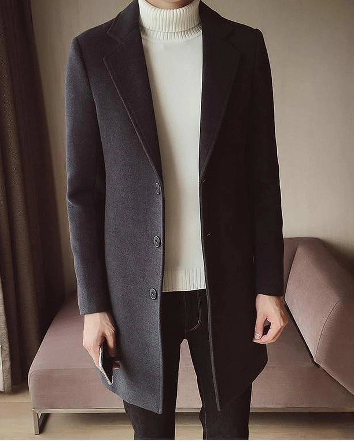 Men's Single-Breasted Wool-Blend Overcoat with Notch Lapel in Beige – Greta Grey