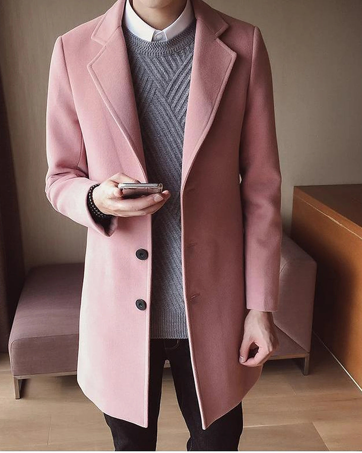 Men's Single-Breasted Wool-Blend Overcoat with Notch Lapel in Beige – Greta Grey