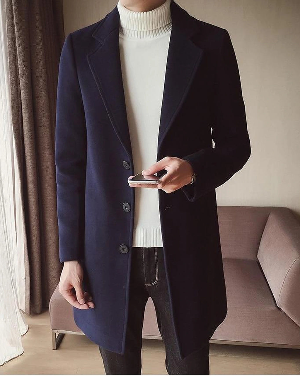 Men's Single-Breasted Wool-Blend Overcoat with Notch Lapel in Beige – Greta Grey