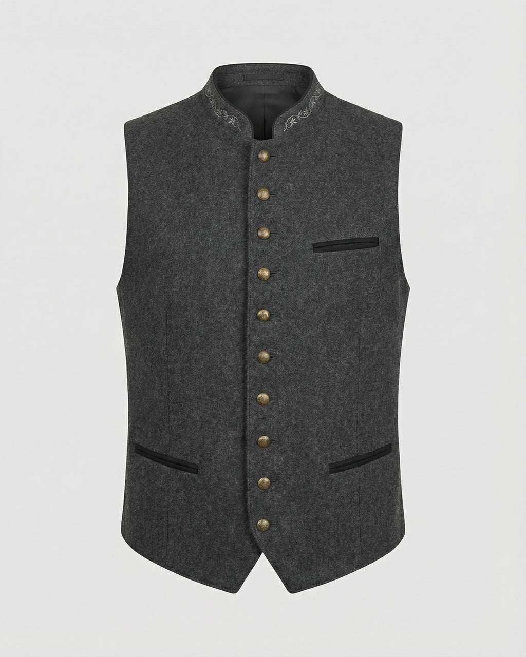 Men's Stand Collar Wool Waistcoat with Embroidered Trim – Brooks