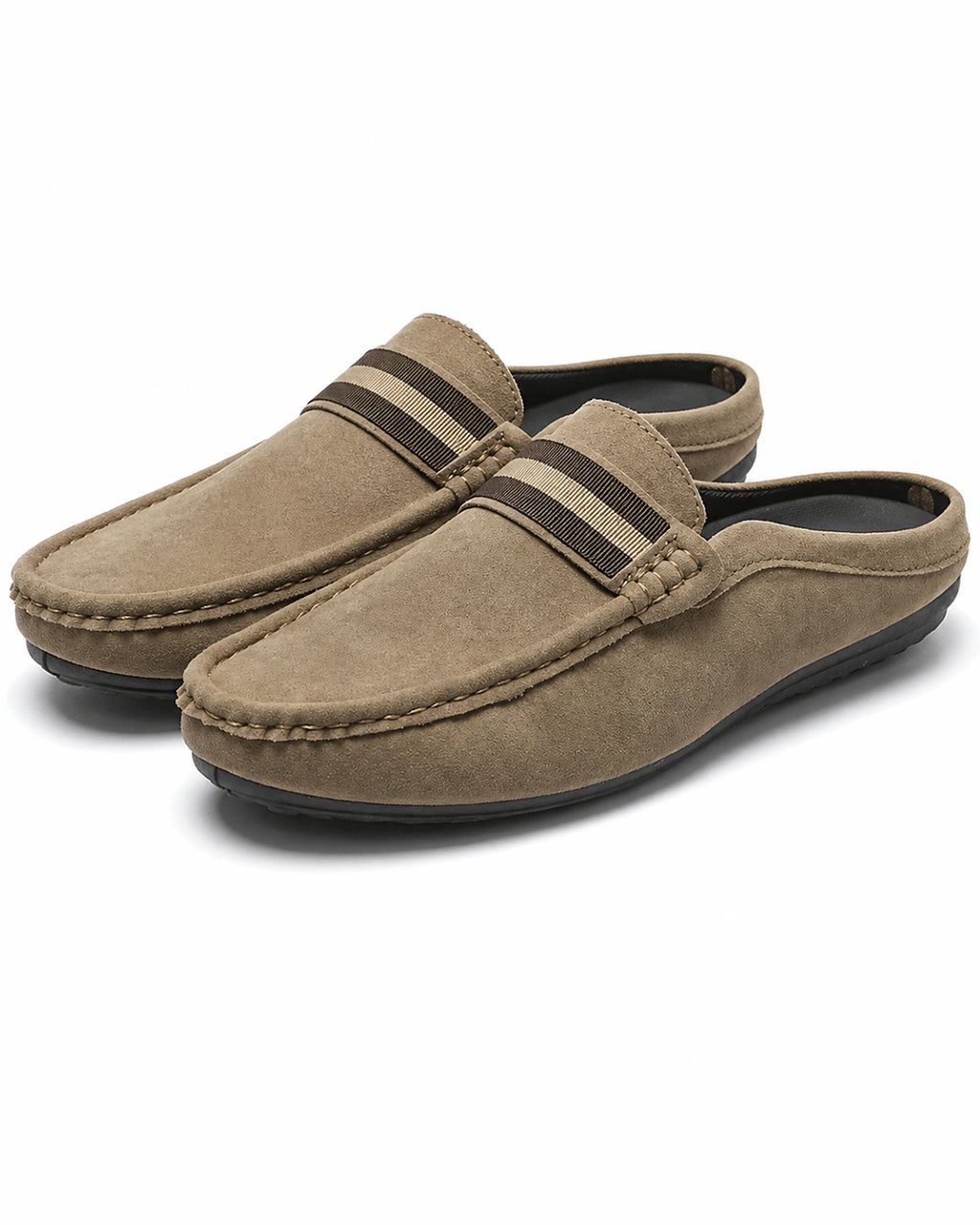 Men's Suede Backless Loafers with Striped Webbing Trim – Pierce