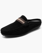 Men's Suede Backless Loafers with Striped Webbing Trim – Pierce
