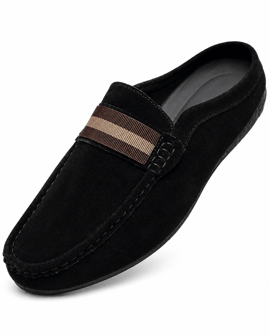Men's Suede Backless Loafers with Striped Webbing Trim – Pierce