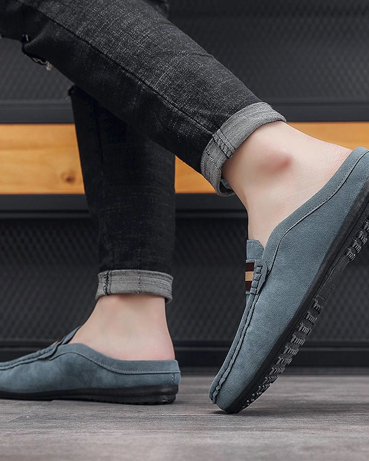 Men's Suede Backless Loafers with Striped Webbing Trim – Pierce