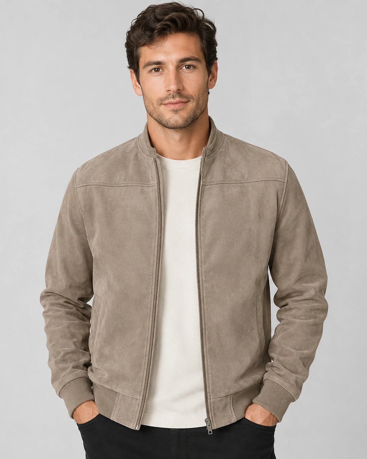 Men's Suede-Look Bomber Jacket with Stand Collar and Ribbed Hem – Arlo