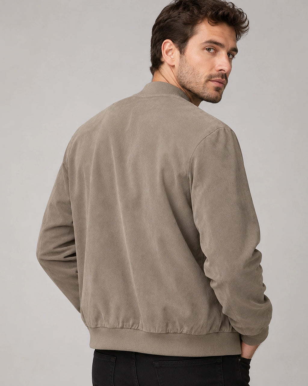 Men's Suede-Look Bomber Jacket with Stand Collar and Ribbed Hem – Arlo