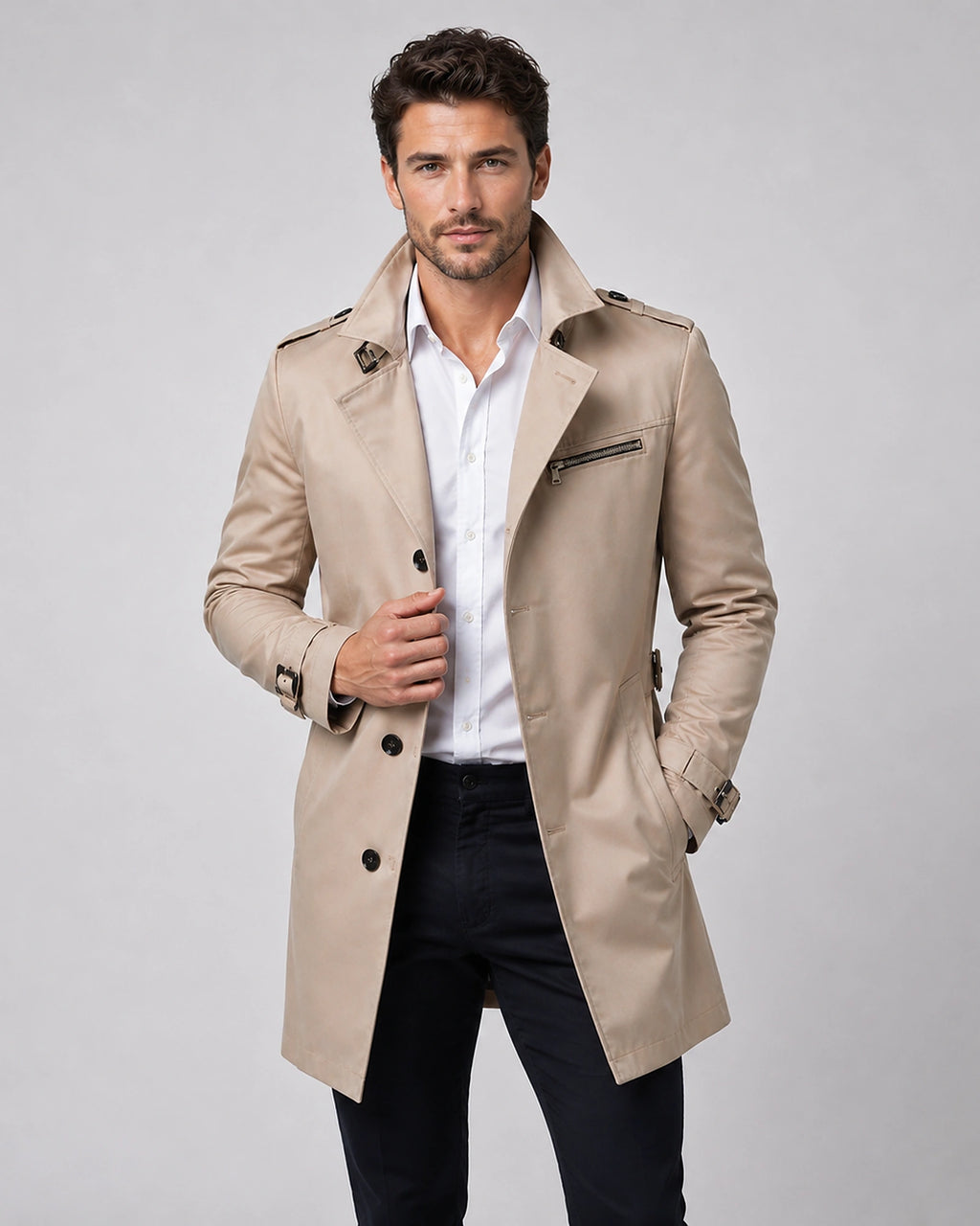 Men's Tailored Trench Coat with Zip Chest Pocket and Back Belt – Ellis