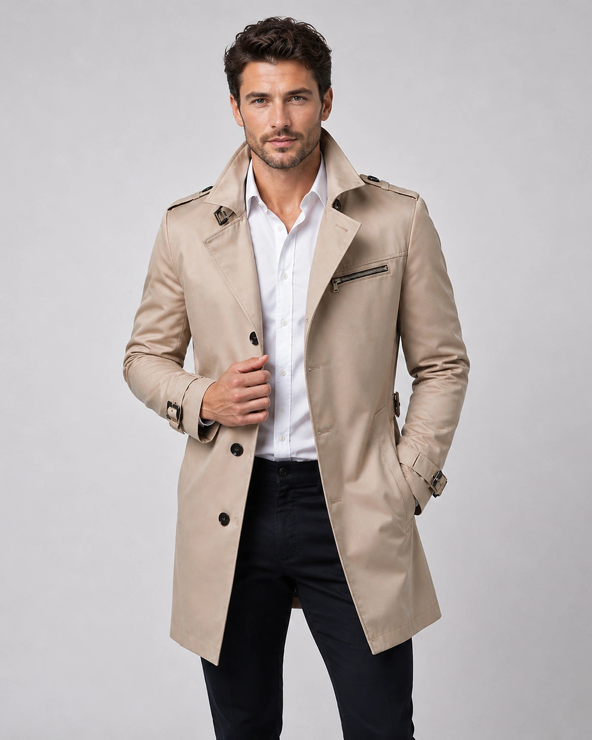 Men's Tailored Trench Coat with Zip Chest Pocket and Back Belt – Ellis