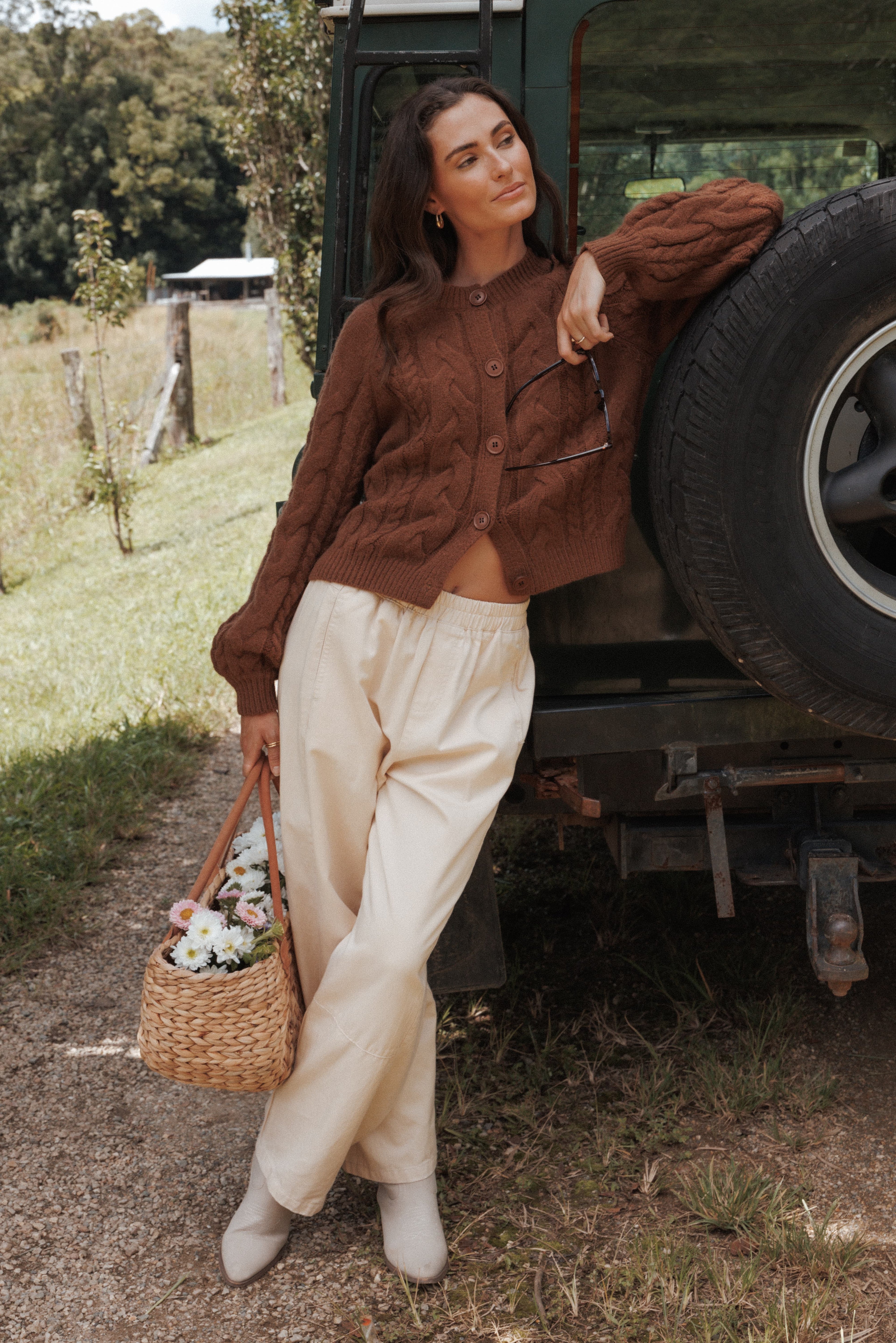Petal and Pup USA KNITWEAR Nika Cable Knit Cardigan - Brown