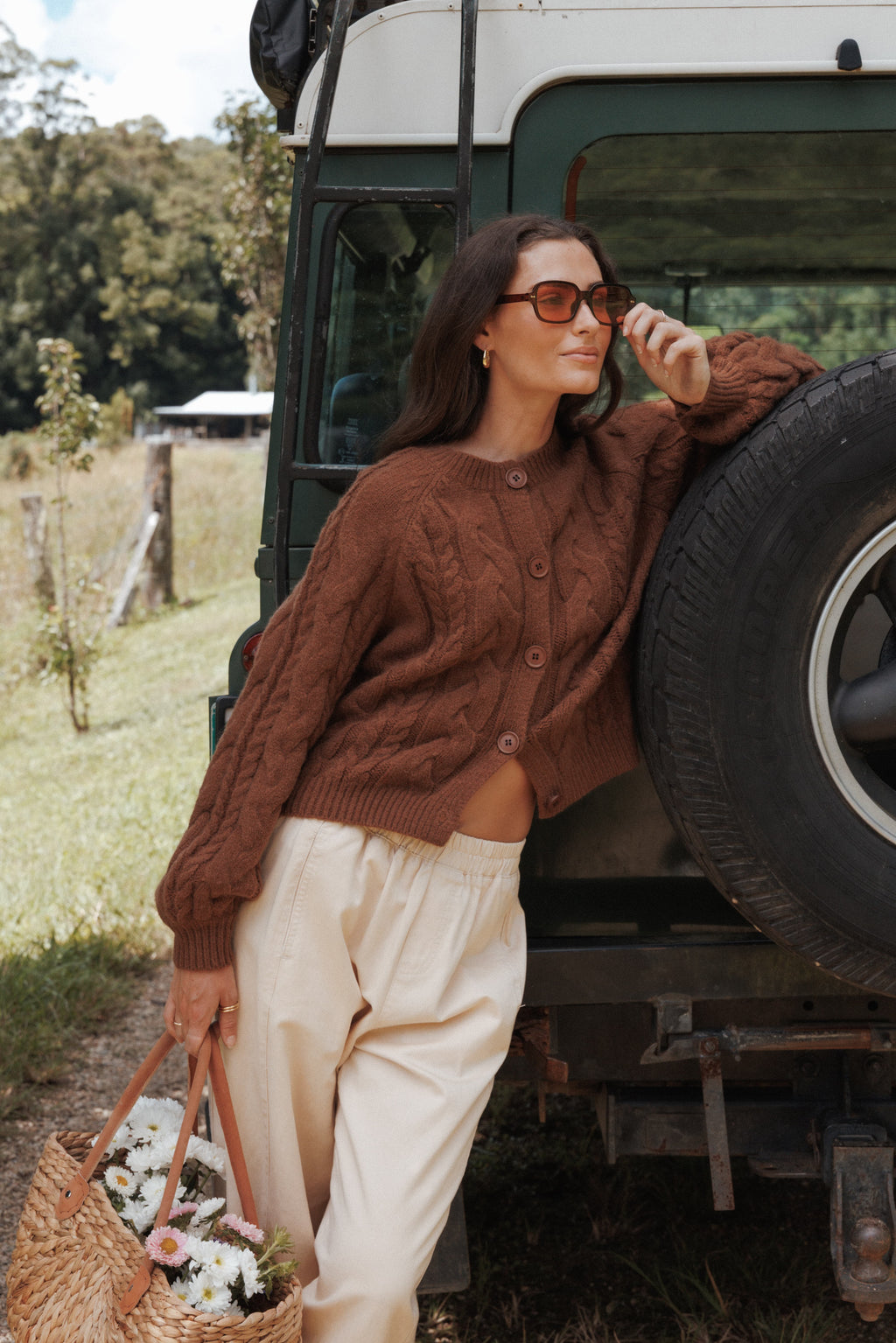 Petal and Pup USA KNITWEAR Nika Cable Knit Cardigan - Brown