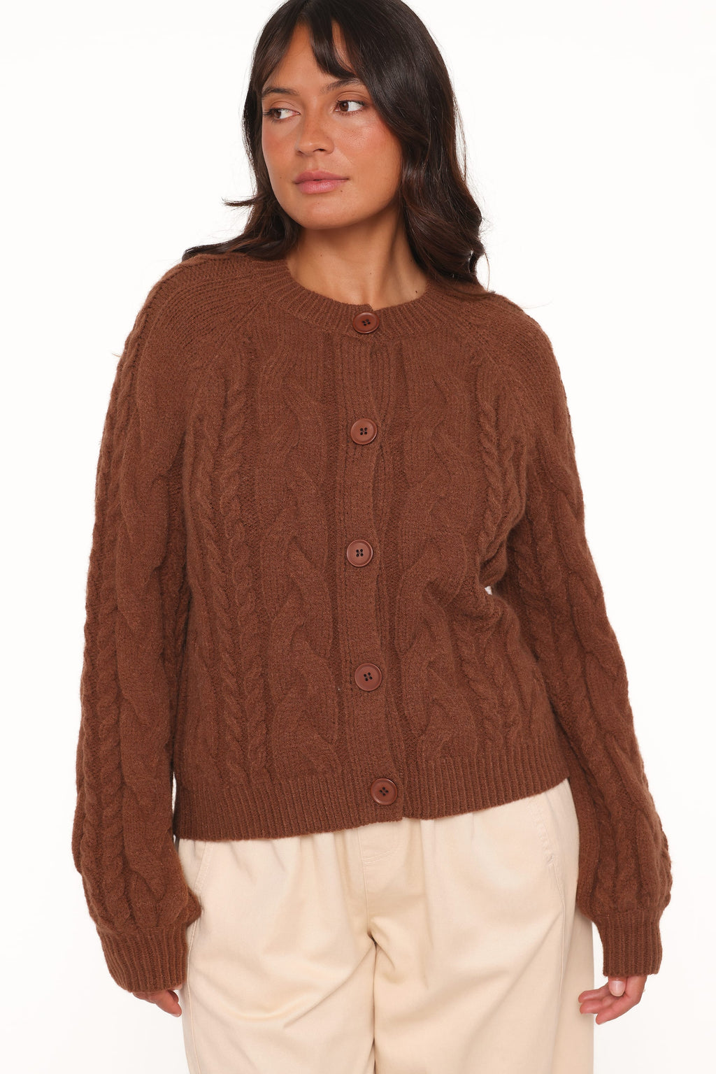Petal and Pup USA KNITWEAR Nika Cable Knit Cardigan - Brown