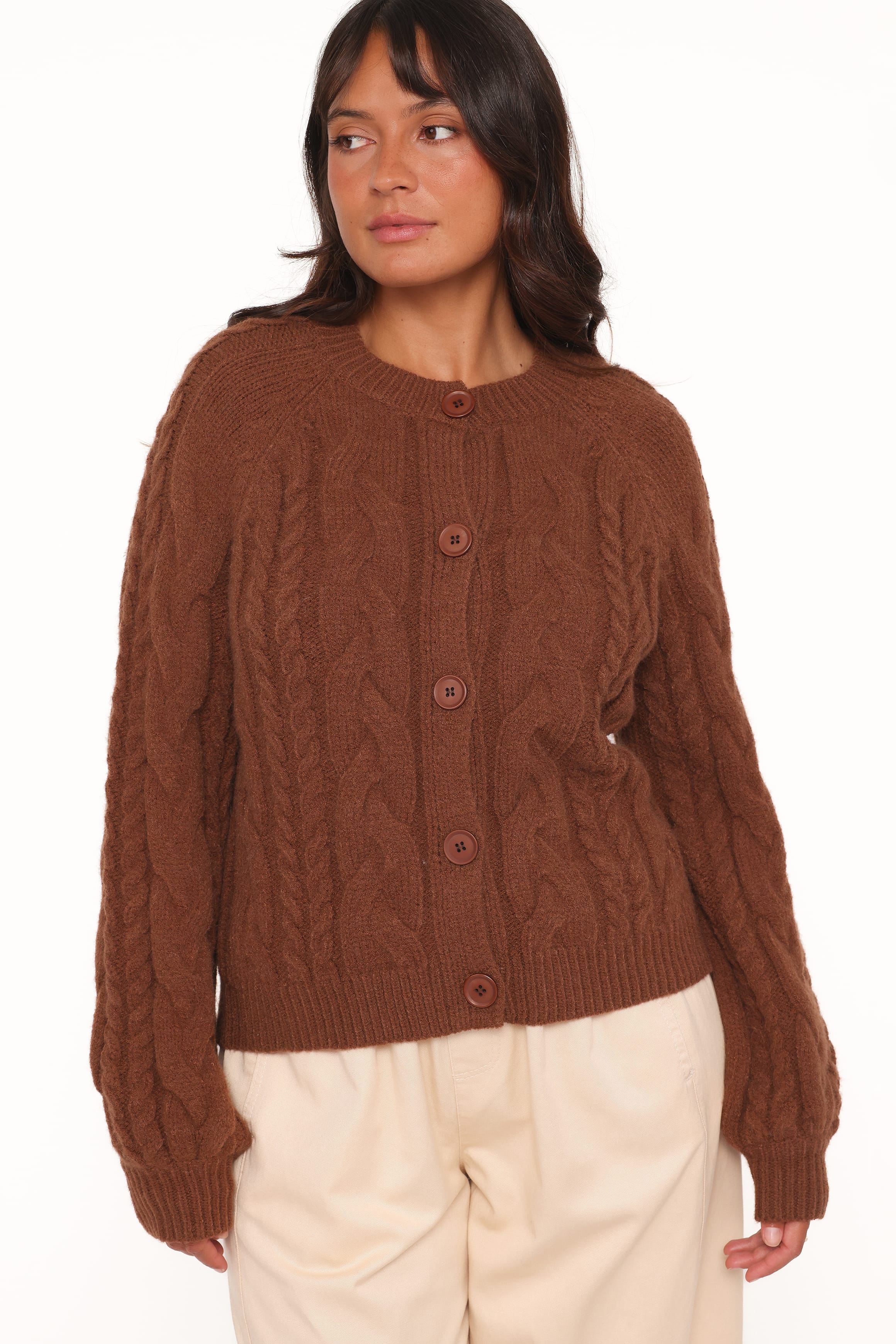 Petal and Pup USA KNITWEAR Nika Cable Knit Cardigan - Brown