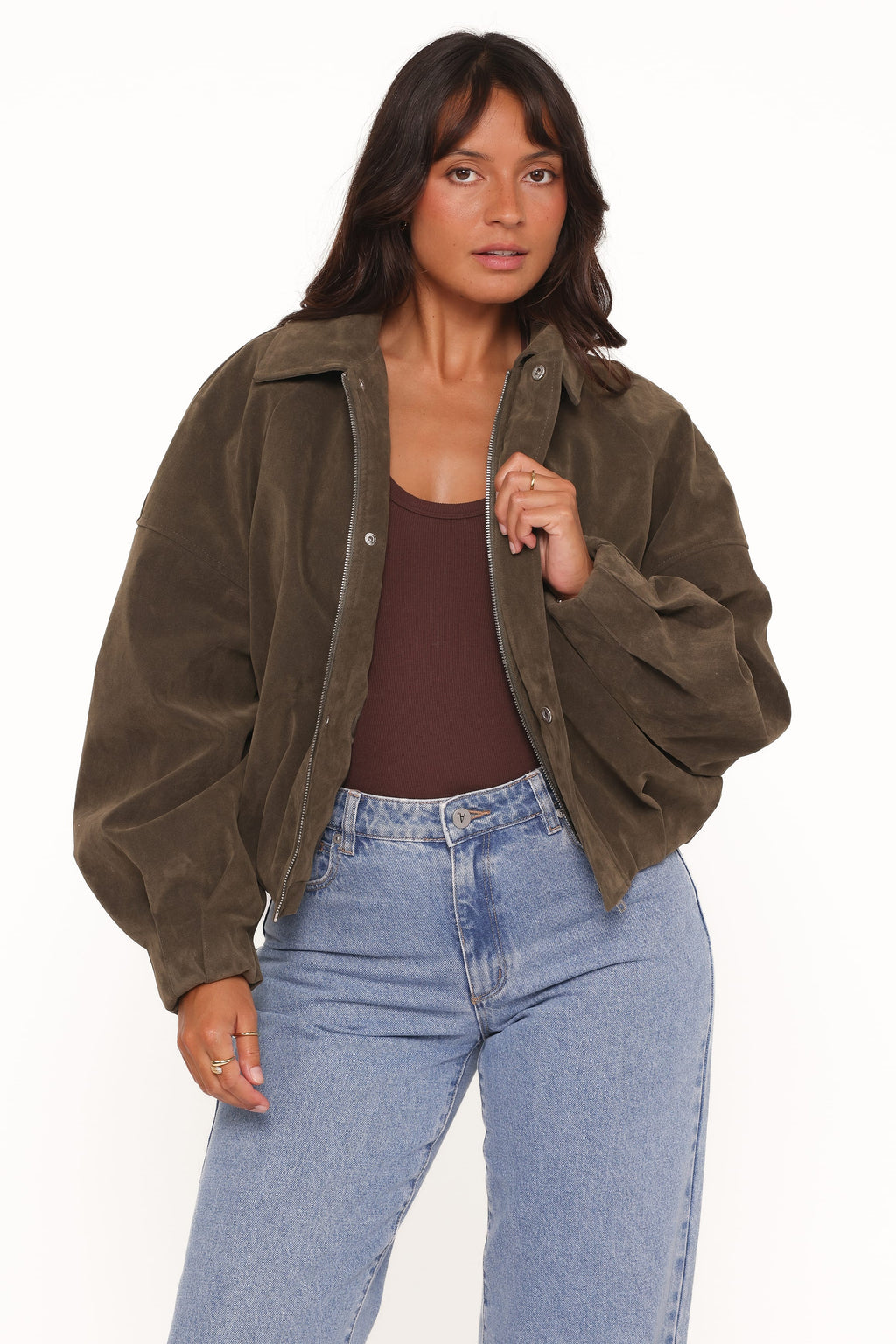 Petal and Pup USA OUTERWEAR Jensen Faux Suede Bomber Jacket - Olive