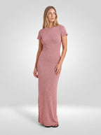Everly Knitted Maxi Dress – Brick Red, full-length three-quarter view