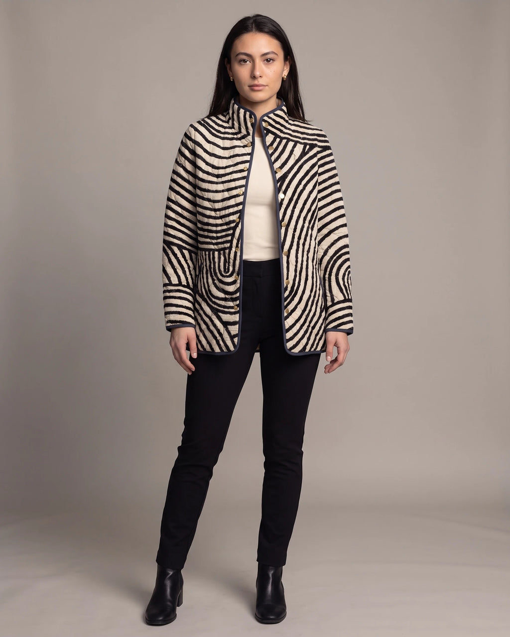Women's Quilted Jacket with Swirl Print, Stand Collar and Contrast Piping – Hana