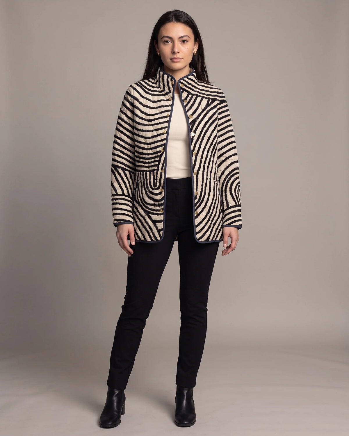 Women's Quilted Jacket with Swirl Print, Stand Collar and Contrast Piping – Hana