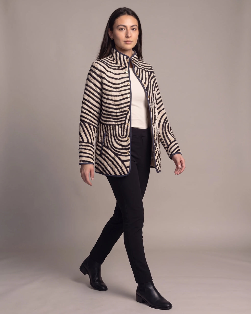 Women's Quilted Jacket with Swirl Print, Stand Collar and Contrast Piping – Hana